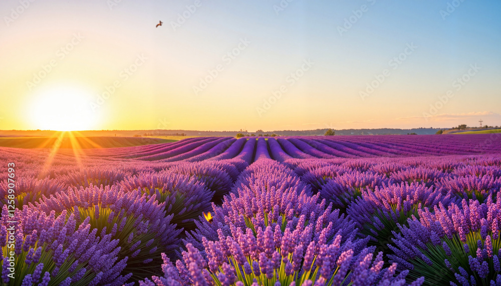 Obraz premium Lavender field at sunset with vibrant colors and warm atmosphere for relaxation