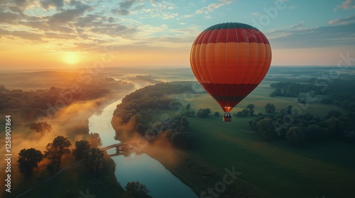 Hot air balloon floats over a river during sunrise in a serene landscape