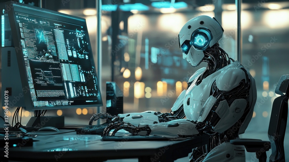Futuristic Robot Working on a Computer Futuristic Robot Working on a Computer