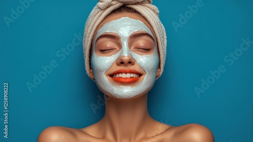 Relaxing Skincare content. young woman with glowing skin, white creamy face mask and a bright smile.