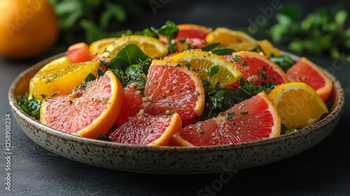 Vibrant citrus salad featuring oranges and grapefruits on a rustic plate