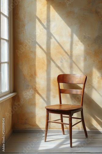 Wooden chair positioned by a sunlit window evoking a cozy, warm atmosphere in...