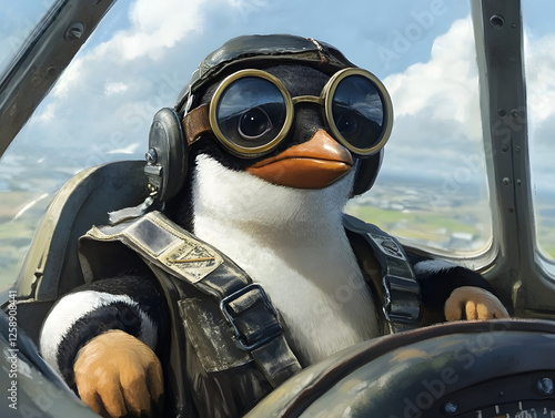 Concept of Funny Penguin Pilot in Vintage Airplane: Whimsical Aviator Bird Flying High. Retro Style Animal Humor & Aviation Adventure Illustration