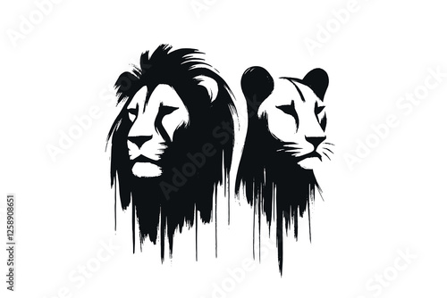 Hand-drawn black and white lion and lioness minimalist portrait