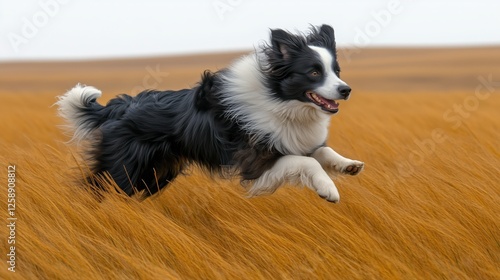 Dog joyfully leaps through golden grass field on a sunny day in nature