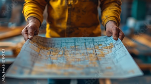 Construction worker examines detailed blueprint for upcoming project in workshop