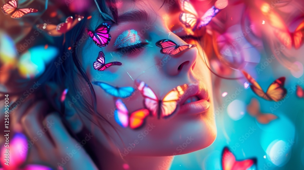 A dreamy portrait of a woman with her eyes closed, surrounded by radiant butterflies in a vibrant and colorful digital artwork full of fantasy. AI generated.