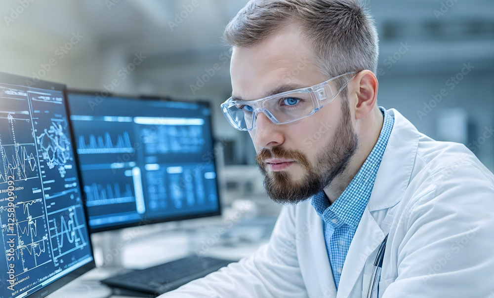 Male scientist analyzing data on multiple computer screens in modern laboratory setting,focusing on advanced research,innovation,technological development for scientific,medical,educational purposes Male scientist analyzing data on multiple computer screens in modern laboratory setting,focusing on advanced research,innovation,technological development for scientific,medical,educational purposes