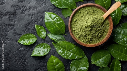 Natural green powder in wooden bowl surrounded by fresh leaves on dark backgr...