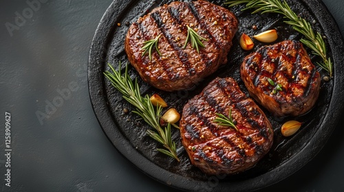 Sizzling grilled steaks served on a hot stone with herbs and garlic