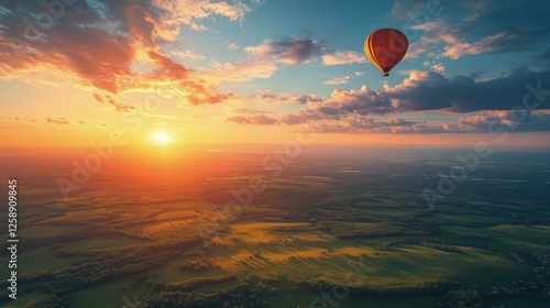 Hot air balloon soaring above lush landscape during vibrant sunset over expan...