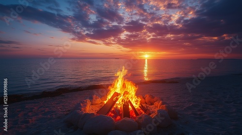 Sunset bonfire by the beach creates a cozy atmosphere for evening relaxation