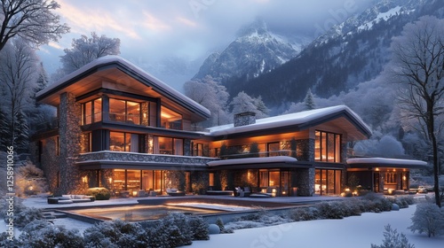 Cozy mountain retreat illuminated at twilight amidst snowy landscape in winter