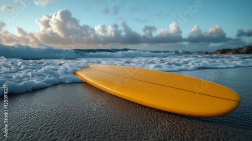Surfboard resting on the sandy shoreline with waves lapping at its edge durin...