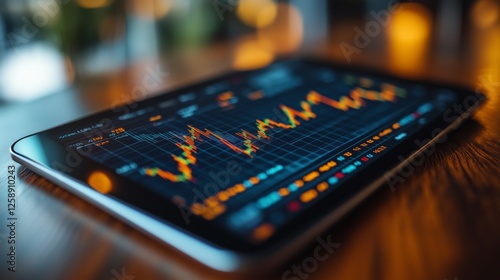 Dashboard displaying stock market trends with vibrant graphs in evening light