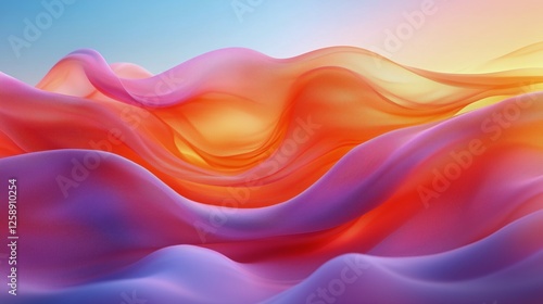 Colorful waves of fabric flowing in a serene landscape during sunrise
