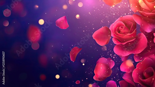 Valentine card background decorated with bokeh light effects and scattered rose petals, imbued with a romantic theme