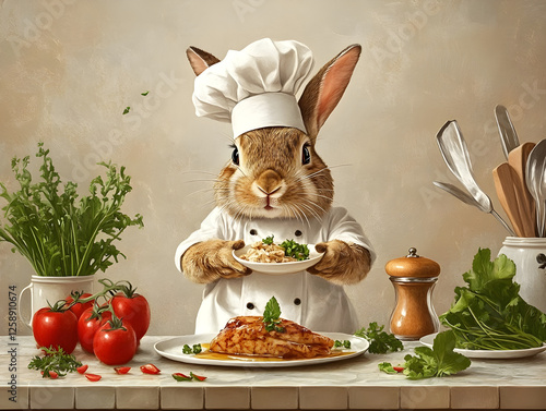 Culinary Delight Concept: Charming Chef Bunny Presents Food. Kitchen Scene, Salad & Grill