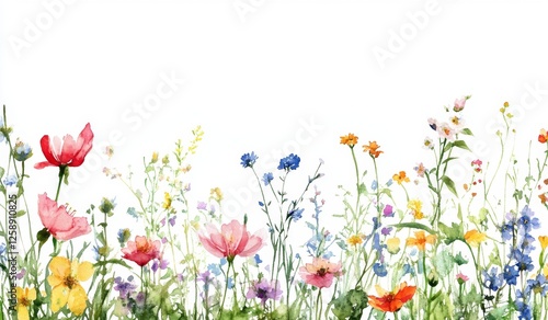 Watercolor wildflower meadow border, white background, floral design, spring