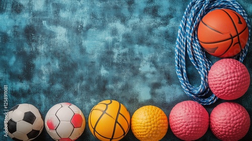 Variety of sports balls and equipment arranged on blue textured surface for r...