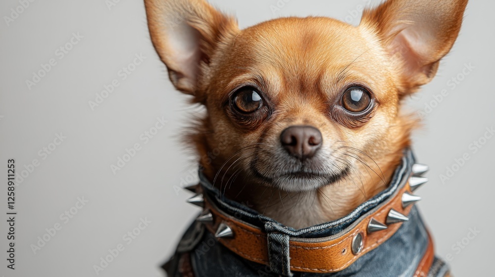Punk-inspired Chihuahua in spiked collar and denim vest exuding rebellious charm Punk-inspired Chihuahua in spiked collar and denim vest exuding rebellious charm