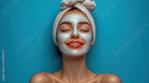 Relaxing Skincare content. young woman with glowing skin, white creamy face mask and a bright smile.