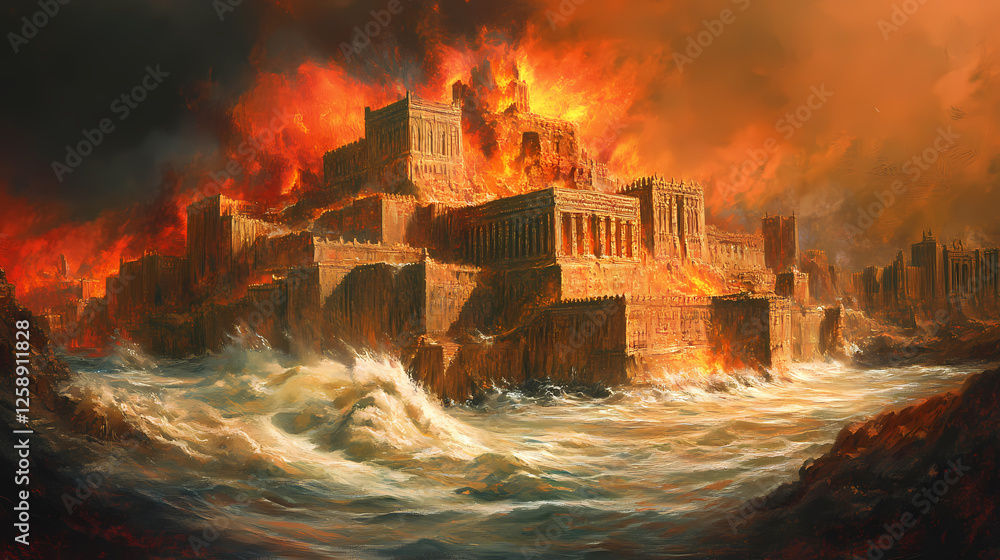 Fototapeta premium Ancient citadel engulfed in hellish inferno surrounded by raging river. Underworld Citadels. Illustration