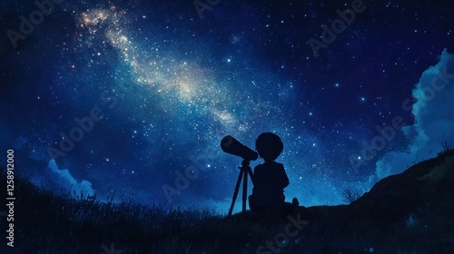 Child stargazing with telescope at night.