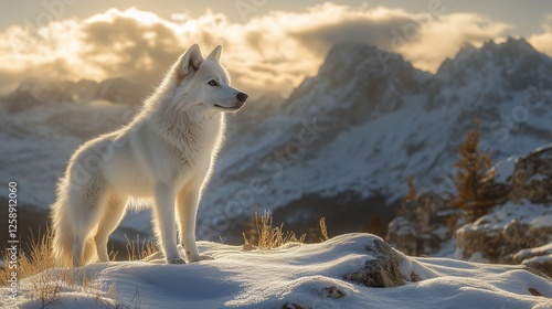 Majestic white wolf stands on snow-covered mountain peak at sunset