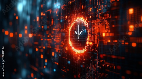 Digital clock surrounded by glowing data patterns in a futuristic setting