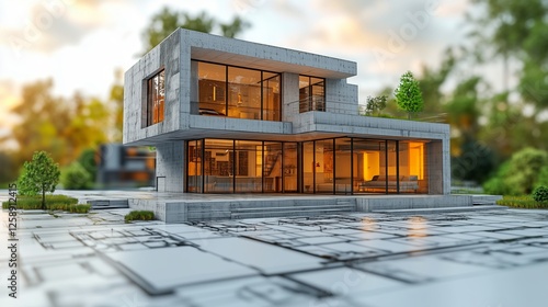 Modern architectural design in a serene outdoor setting during sunset