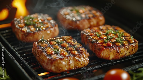 Juicy marinated steaks sizzle on a grill alongside bright cherry tomatoes