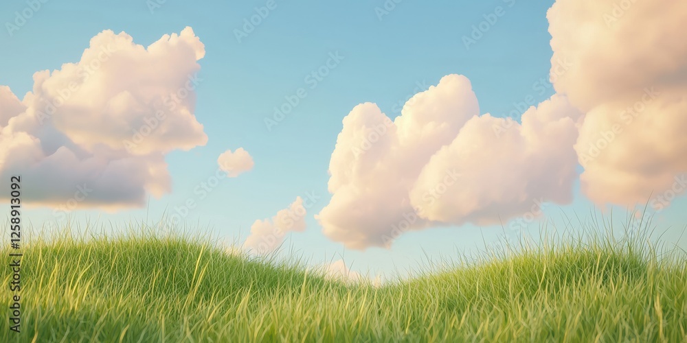 Serene nature scene with lush green grass and fluffy clouds in a tranquil environment Serene nature scene with lush green grass and fluffy clouds in a tranquil environment
