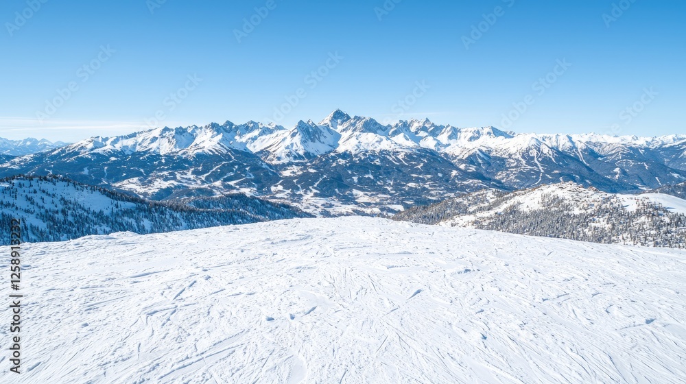 Obraz premium Snowy mountain range vista, ski slope foreground, winter landscape, travel postcard