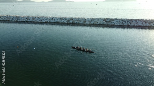 Drone aerial view of natural park, seaside, port photo