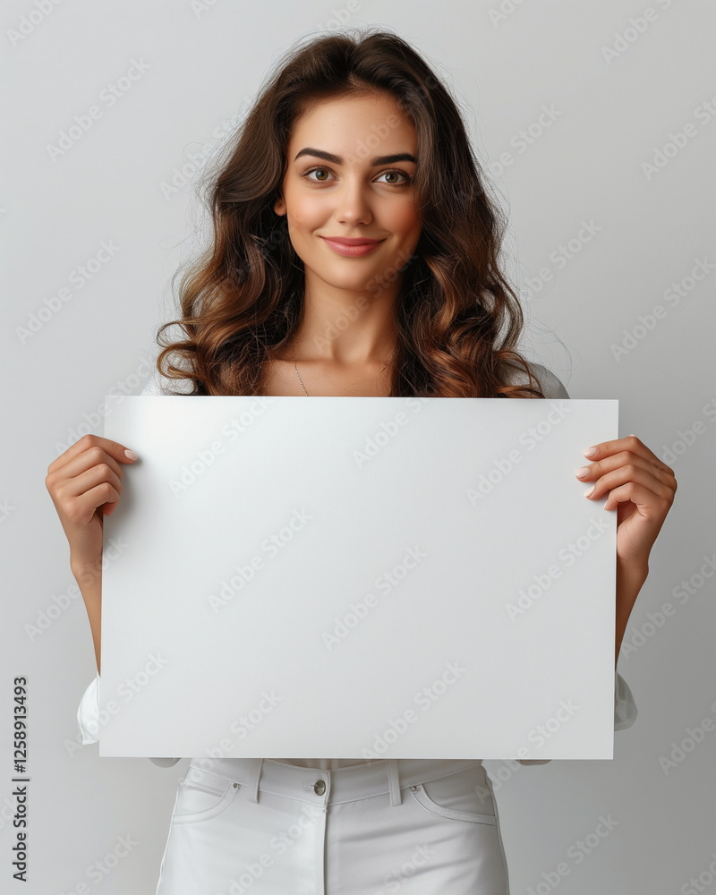 happy woman full length holding blank advertising _012