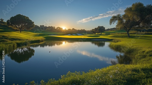 Sunrise over a serene golf course with reflections on a calm pond