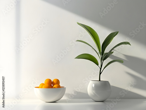 Minimalist Still Life: Plant, Oranges, White Bowls, Concept of Clean Living & Modern Decor
