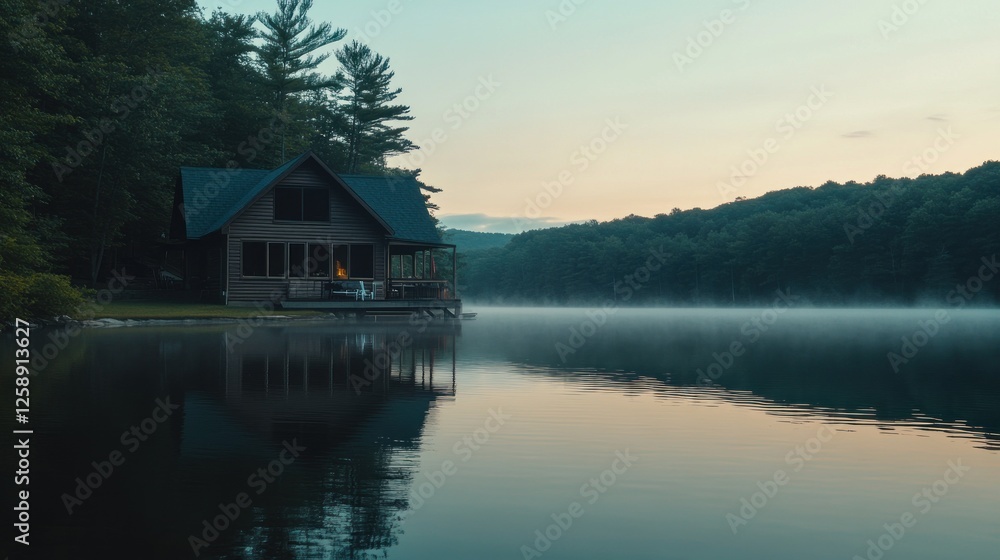 Fototapeta premium Lakeside Cabin at Dawn Serene Peaceful Setting