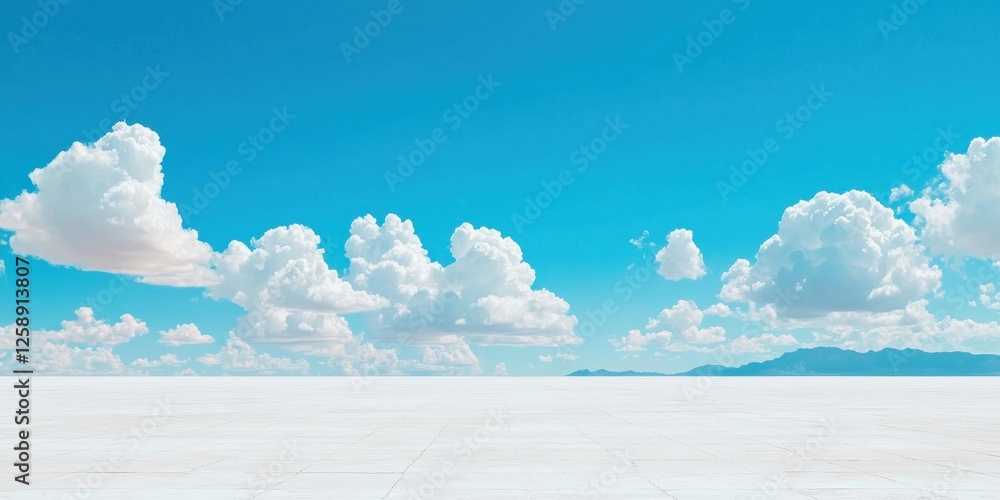Vast white salt flat under blue sky with fluffy clouds scenic landscape outdoor serenity Vast white salt flat under blue sky with fluffy clouds scenic landscape outdoor serenity