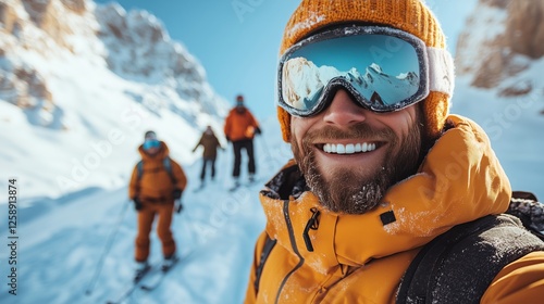 Skiers enjoy a sunny day on snowy slopes in the mountains while wearing vibra...