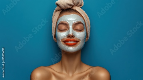 Relaxing Skincare content. young woman with glowing skin, white creamy face mask and a bright smile.