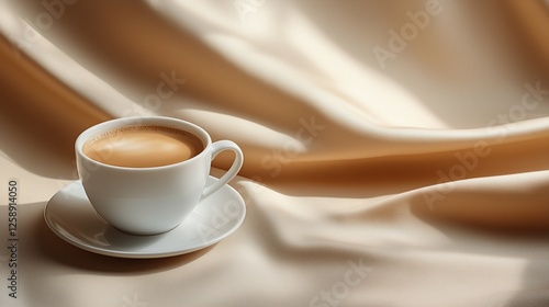 Delicate coffee cup on soft fabric background creates tranquil atmosphere