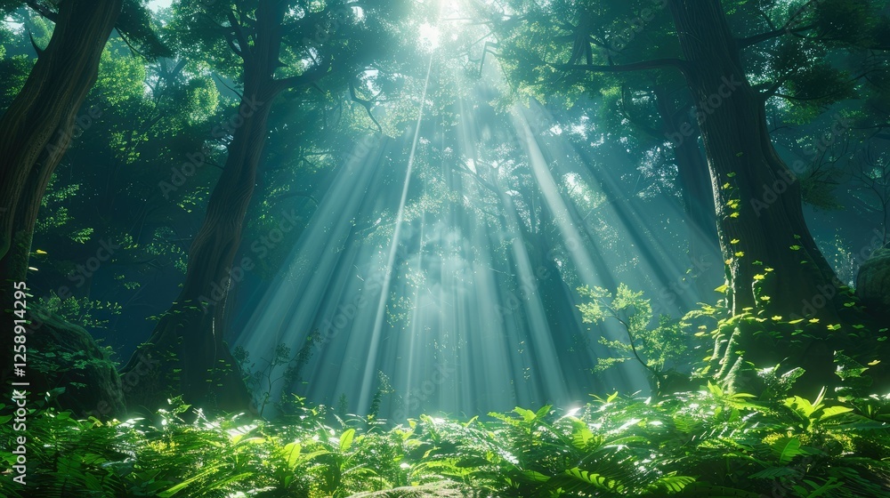 Fototapeta premium Sunbeams pierce through lush, green forest canopy.