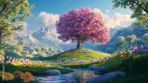 Pixelated Spring Meadow With Pink Blossoming Tree And Mountains photo