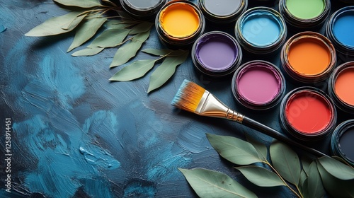 Creative workspace with paint jars and brushes on a colorful surface