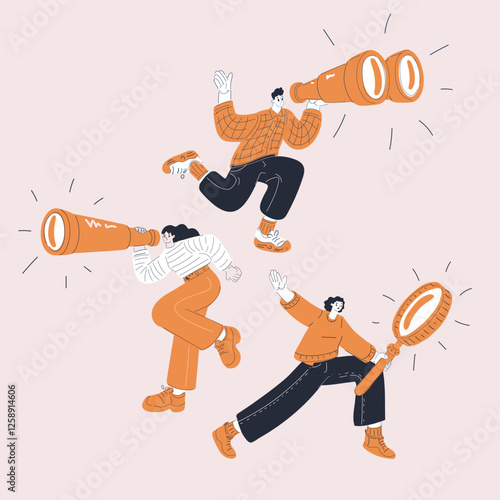 Cartoon vector illustration of people floating in space, using binoculars, magnifying glasses, and a spyglass