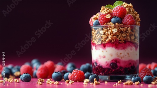 Delicious berry and granola parfait served in a clear glass on a vibrant pink...