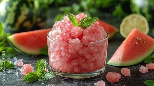 Refreshing watermelon granita with mint and lime garnishes in vibrant setting