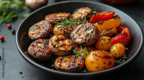 Grilled vegetables with mushrooms and cherry tomatoes served in a black bowl